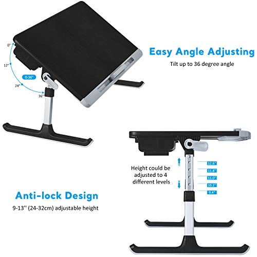 NearPow Ajustable Mesa de Cama para Portátil Mesa Plegable Cama Bandeja de Cama para Ordenador Portátil con Cuero PVC Cajón de Almacenamiento para Comer, Trabajar (Negra)