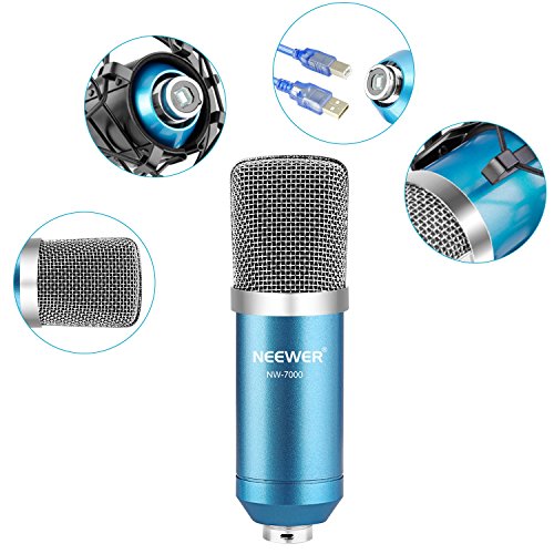 Neewer USB Micrófono para Ordenadores con Soporte de Brazo de Tijera, Montaje de Choque, Filtro de Pop, Cable y Abrazadera de Montaje para Radiodifusión (Azul y Plata)