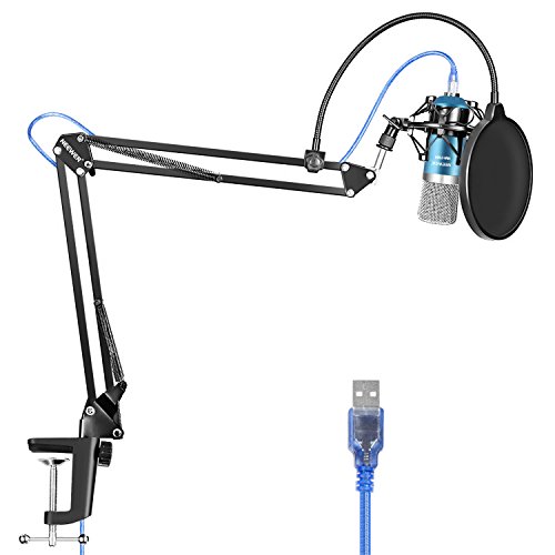 Neewer USB Micrófono para Ordenadores con Soporte de Brazo de Tijera, Montaje de Choque, Filtro de Pop, Cable y Abrazadera de Montaje para Radiodifusión (Azul y Plata)