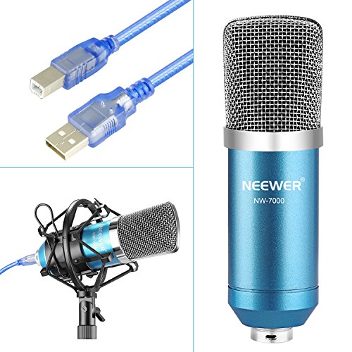 Neewer USB Micrófono para Ordenadores con Soporte de Brazo de Tijera, Montaje de Choque, Filtro de Pop, Cable y Abrazadera de Montaje para Radiodifusión (Azul y Plata)