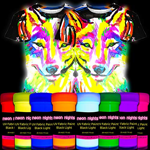 neon nights 8 x Pintura para Tejidos UV Luz Negra Pintura Textiles Lavable Tinte Ropa Camiseta Colores Neón Colorido