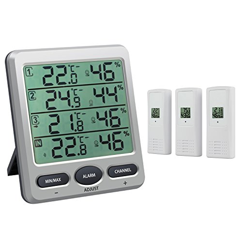 Neoteck Termómetro Higrómetro con 3 Sensores Remotos LCD Termómetro/Higrómetro Interior con Función de Alarma para la Gestión del Aire Acondicionado Oficina Habitación de Hotel Laboratorio Hospital