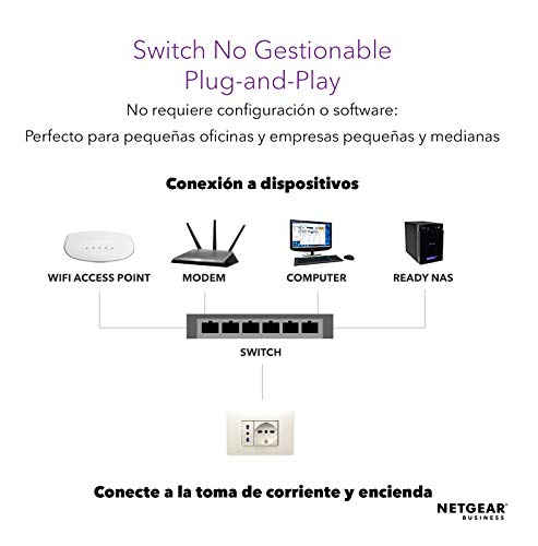 Netgear GS105GE Switch 5 Puertos 10/100/100, Switch Gigabit Unmanaged, Switch Ethernet de Sobremesa, Caja de Metal, Negro