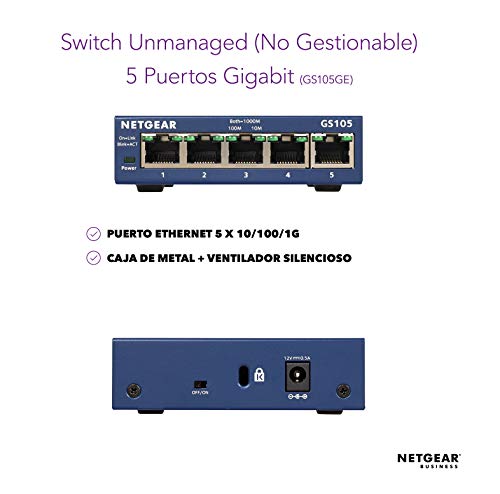 Netgear GS105GE Switch 5 Puertos 10/100/100, Switch Gigabit Unmanaged, Switch Ethernet de Sobremesa, Caja de Metal, Negro