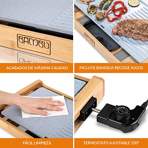 NEW CHEF-Parrilla Eléctrica Cerámica y Grill Eléctrico Antiadherente Libre PFOA (44x23cm), 1800W, Temp. Ajust. Max. 250ºC. Plancha Eléctrica Antirayaduras con Fácil Limpieza. Incluye Bandeja Colectora