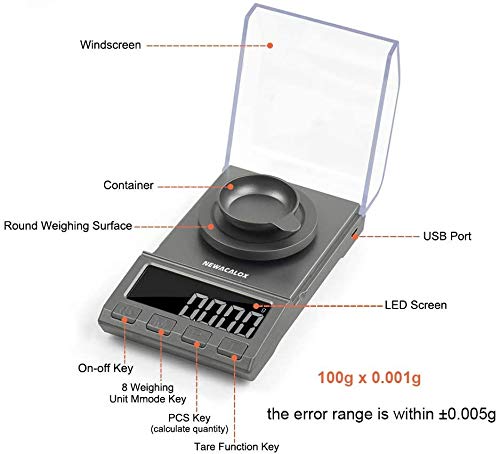 NEWACALOX - Báscula digital de miligramo, 100 g x 0,001 g, recargable de alta precisión, báscula de joyería portátil con pinzas de calibración, sartenes de pesaje y cable USB (100 g)