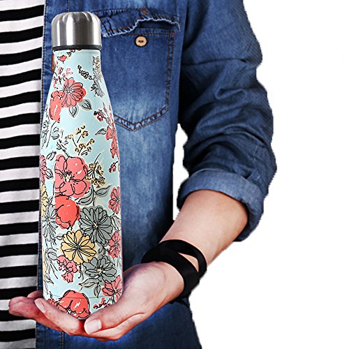 Newday1 Botella de Agua de Mantiene bebidas frías por 24h y calientes por 12h 500ML de doble pared con aislamiento de botella de agua de acero inoxidable water bottles,Colorful flower