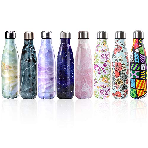 Newday1 Botella de Agua de Mantiene bebidas frías por 24h y calientes por 12h 500ML de doble pared con aislamiento de botella de agua de acero inoxidable water bottles,Colorful flower