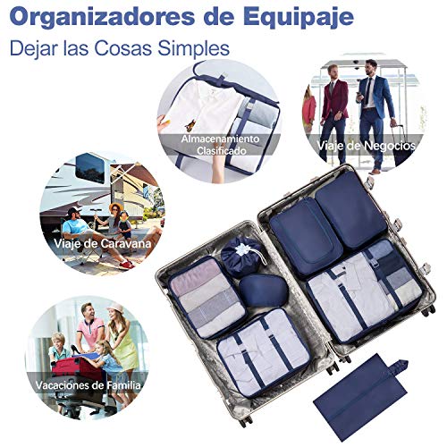 Newdora 8 en 1 Set de Organizador de Equipaje Viaje con Bolsa de Zapato,Impermeable Organizador de Maleta Bolsa para Ropa Sucia de Viaje, Portatrajes de Viaje, Material Nylon