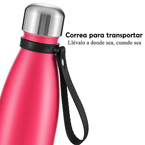 Newdora Botella de Agua Acero Inoxidable 500ml, Aislamiento de Vacío de Doble Pared, Botellas de Frío/Caliente, con 1 un Cepillo de Limpieza, para Niños, Deporte, Oficina, Gimnasio, Ciclismo, Rosa