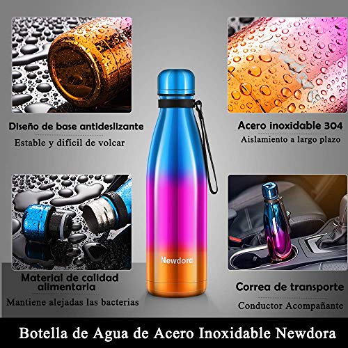 Newdora Botella de Agua Acero Inoxidable 500ml, Aislamiento de Vacío de Doble Pared, Botellas de Frío/Caliente, con 1 un Cepillo de Limpieza, para Niños, Deporte, Oficina, Gimnasio, Ciclismo (Chapado)