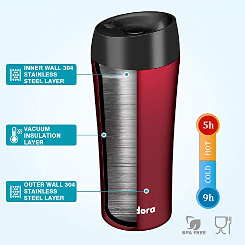 Newdora Termo Café, Vaso Termico Cafe de 380ml con Tapa, Botella Acero Inoxidable Agua para Viajes Oficina en casa Escuela Trabajos Camping (Rosso)