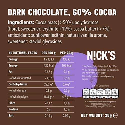 NICKS Chocolate sin azúcar añadido 30 x 25g (Chocolate negro)