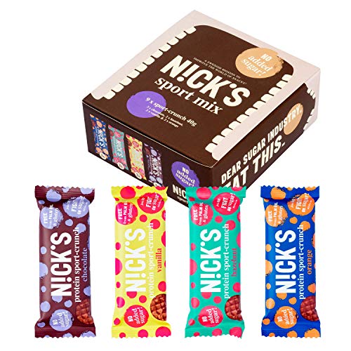 NICKS Sport Mix con variaciones de sabor Sport Crunch, Barras de proteína de chocolate, sin azúcar añadido, sin gluten 9 x 40 g