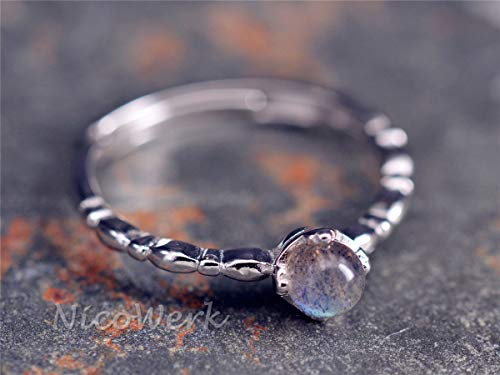 NicoWerk SRI344 - Anillo de plata para mujer, piedra de luna, de plata de ley 925, bola con piedra azul, liso y discreto, ajustable, abierto