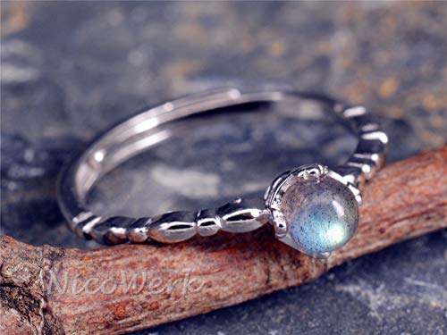 NicoWerk SRI344 - Anillo de plata para mujer, piedra de luna, de plata de ley 925, bola con piedra azul, liso y discreto, ajustable, abierto