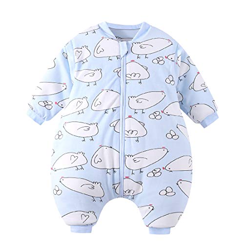 Niños Niñas Piernas Divididas Ropa de Dormir Bolsa de Dormir con Cremallera Gruesa de Invierno Mediana Pijama Cálido Manga Larga Desmontable Patrón de Pollito para 2-3 Años Azul