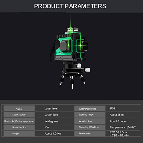 Nivel láser, Careslong 12 tiras con líneas autonivelantes 3 * 360 líneas cruzadas horizontales y verticales Línea de rayo láser verde IP54 nivelación impermeable y alineación menos de 5nw (12 lineas)
