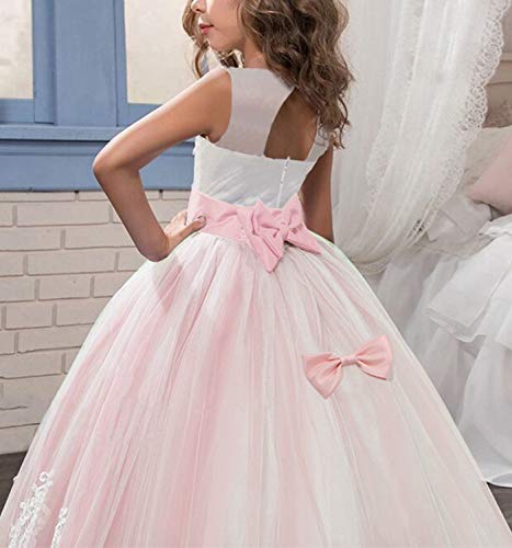 NNJXD Niñas Bordado De Encaje Flor De La Boda Fiesta De Cumpleaños Princesa Vestido de Cola Larga Tamaño (140) 9-10 Años Rosa