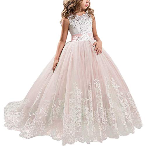 NNJXD Niñas Bordado De Encaje Flor De La Boda Fiesta De Cumpleaños Princesa Vestido de Cola Larga Tamaño (140) 9-10 Años Rosa