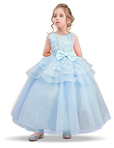 NNJXD Vestido de Princesa del Desfile con Encajes sin Mangas Falda de Fiesta para Niñas Talla (160) 11-12 Años Azul