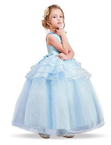 NNJXD Vestido de Princesa del Desfile con Encajes sin Mangas Falda de Fiesta para Niñas Talla (160) 11-12 Años Azul