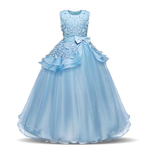 NNJXD Vestido de Princesa del Desfile con Encajes sin Mangas Falda de Fiesta para Niñas Talla (160) 11-12 Años Azul