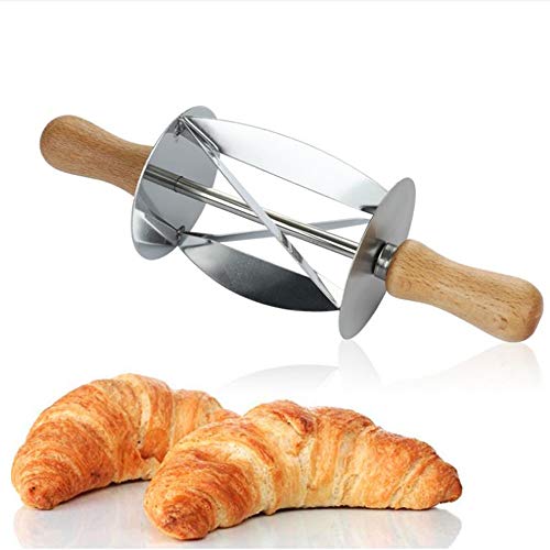 NOBGP 2 Piezas de Rodillo de Cortador de Croissant Inoxidable, la Masa Mango de Madera para Hornear rebanadas de Rodillo de Cuchillo de Cocina, para Hacer Masa de Pan de Croissant