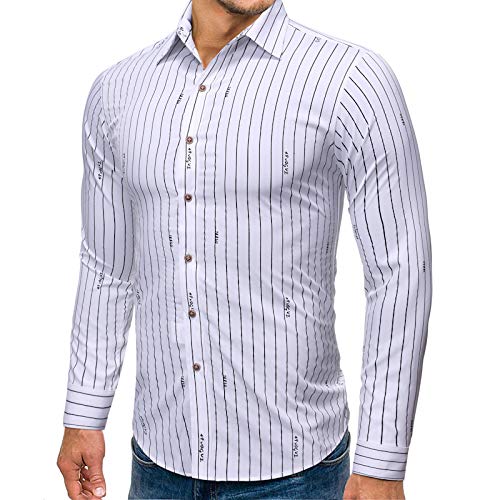 NOBRAND Camisa de manga larga para hombre, diseño de rayas verticales, casual, con solapa Blanco blanco XL