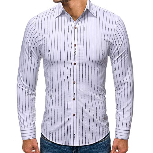 NOBRAND Camisa de manga larga para hombre, diseño de rayas verticales, casual, con solapa Blanco blanco XL