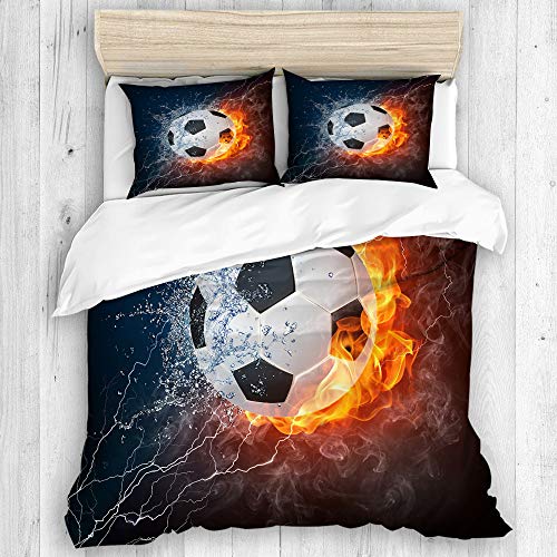 NOLOVVHA Bedding Juego de Funda de Edredón,Imagen de balón de fútbol de Alta resolución en Fuego y Agua para Imprimir un Juego de Pelota de fútbol,Microfibra SIN Relleno,(Cama 140x200 + Almohada)