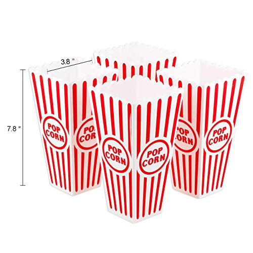 Novelty Place] Recipientes Plásticos para Palomitas de Maíz Clásico con Rayas Rojas y Blancas para Noches de Cine - 20 centímetros de Alto x 9,6 cm Cuadrado (Paquete de 4)