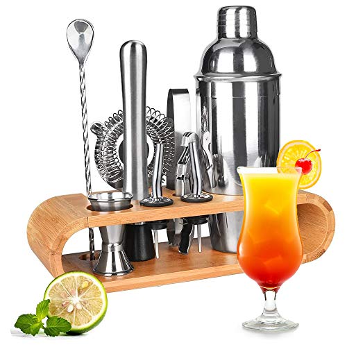 Novhome Juego de Coctelera 750ml Profesional 12 Piezas para Barman Kit de Herramientas de Barra de Acero Inoxidable con Soporte de Bambú para Bar Hogar Mezclar Bebidas