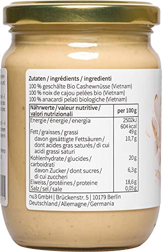 nu3 Crema de anacardo BIO | 250g de cashew butter 100% orgánica | Mantequilla de nueces vegana de alta calidad | Libre de lactosa y gluten | Puré perfecto para una dieta equilibrada y saludable