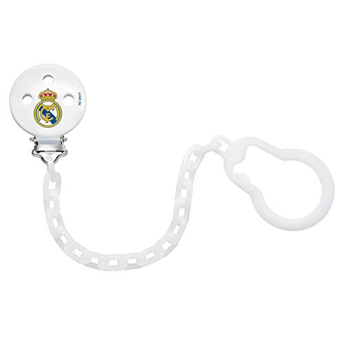 NUK, Cadena Sujeta Chupete del Real Madrid para Bebé, Plástico, con Clip Metálico, Color Blanco