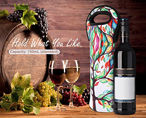 Nuovoware Funda de Botella para Botellas de Vino y Agua de Vino, Cerveza, Bebidas, Refrescos, Funda de Enfriadores de Neopreno, Fundas Aislantes para Botella - Árbol de Suerte y Negro