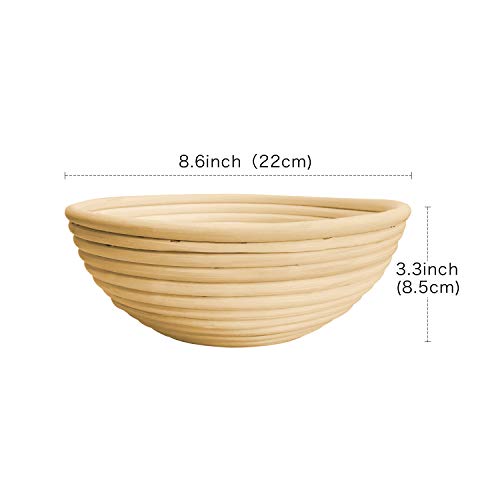 NUTRIUPS Cesta de Pan Redondo Banneton de 22 cm, A Prueba de Masa Agria, Stoffeinlage, Raspador, Cojo, Cepillo - Cesta Grande Natural para Panadero Casero (22 cm)