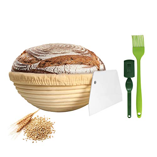 NUTRIUPS Cesta de Pan Redondo Banneton de 22 cm, A Prueba de Masa Agria, Stoffeinlage, Raspador, Cojo, Cepillo - Cesta Grande Natural para Panadero Casero (22 cm)