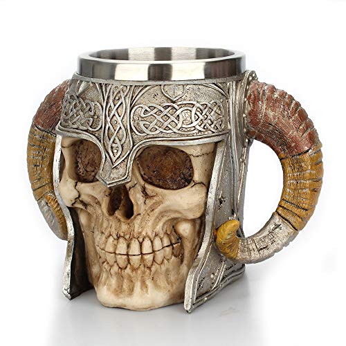 NUTRIUPS Taza de Cerveza de Calavera de Cuerno de Acero Inoxidable con Doble Asa, Jarra Medieval para Vasos Cráneo Taza Jarra para Whisky, Cerveza, Café, Jugo (550ml-17oz.)