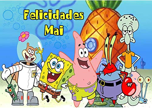 OBLEA de Bob Esponja Personalizada con Nombre y Edad para Pastel o Tarta, Especial para cumpleaños, Medida Rectangular de 28x20cm