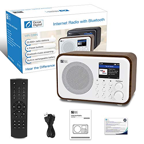 Ocean Digital WiFi Internet Radios WR-336N Radio digital portátil con batería recargable Receptor Bluetooth con pantalla a color de 2.4 ", 4 botones preestablecidos, soporte UPnP y DLNA-Negro