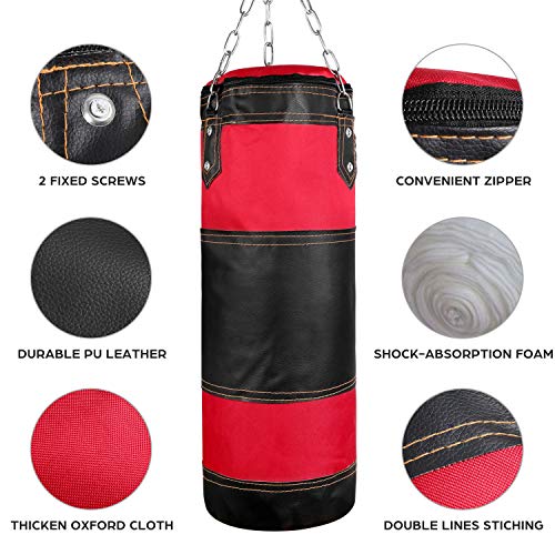 Odoland Saco de Boxeo Set 7-In-1 para Niños Sin Relleno, 2 pies/60 cm Saco de Boxeo Pesado con Guantes de Boxeo de 6 oz y Mangas Protectoras para Manos Cadenas para Colgar y Gancho, Rojo