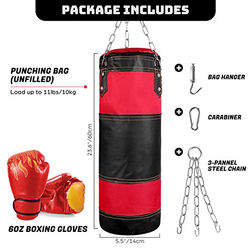 Odoland Saco de Boxeo Set 7-In-1 para Niños Sin Relleno, 2 pies/60 cm Saco de Boxeo Pesado con Guantes de Boxeo de 6 oz y Mangas Protectoras para Manos Cadenas para Colgar y Gancho, Rojo