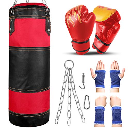 Odoland Saco de Boxeo Set 7-In-1 para Niños Sin Relleno, 2 pies/60 cm Saco de Boxeo Pesado con Guantes de Boxeo de 6 oz y Mangas Protectoras para Manos Cadenas para Colgar y Gancho, Rojo