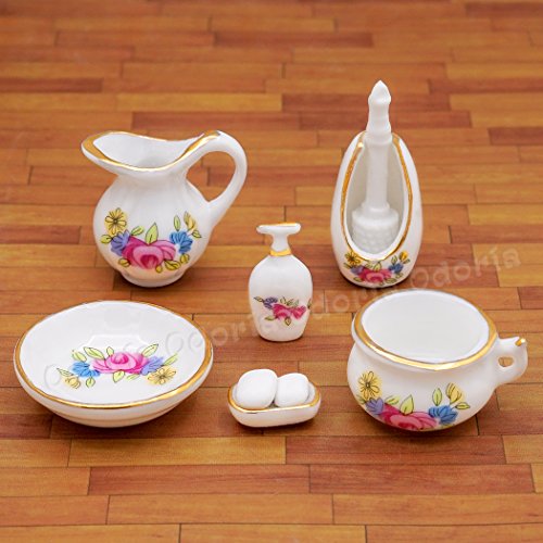 Odoria 1/12 Miniatura 7PZ Accesorios de Baño Porcelana Decorativo para Casa de Muñecas