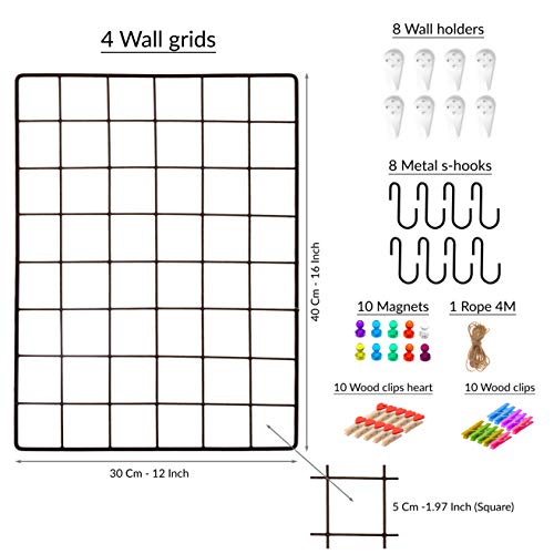 Odoxia Paquete De 4 Paneles De Rejilla De Alambre De Pared – Rejilla De Pared para Mostrar Fotos – Paneles De Metal, Negro Y Magnético – Organizador De Almacenamiento De Rejilla Y Marco De Fotos