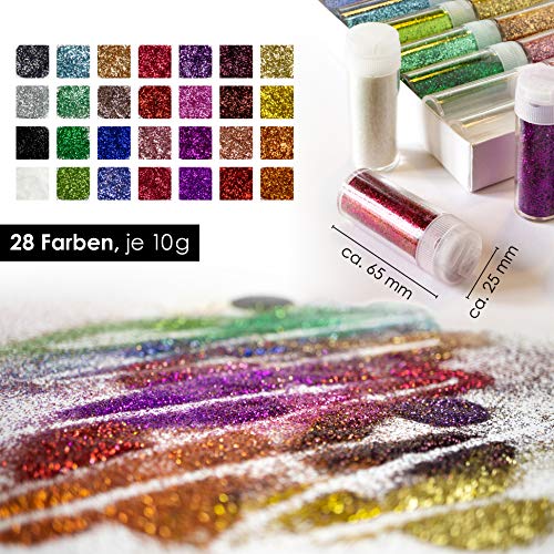 OfficeTree Purpurina Manualidades 28 Colores de 10g y 2 Tubos Vacíos - Purpurina Uñas - Purpurina para Manualidades Cuerpo Uñas y Arte - Función de Dispersión Fina o Gruesa