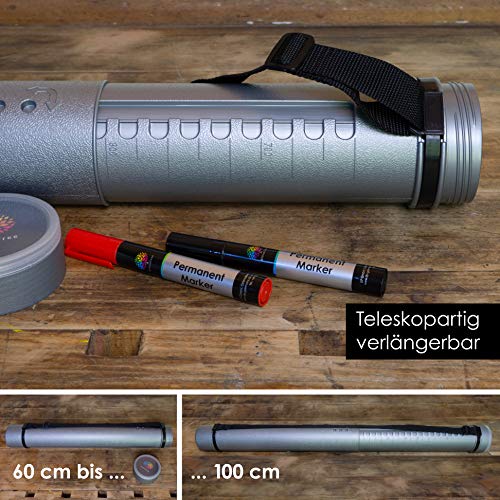 OfficeTree Tubo Portaplanos Plástico Plata - para Transporte y Almacenamiento - Longitud y Correa de Transporte Extensible - 2 Rotuladores Gratis