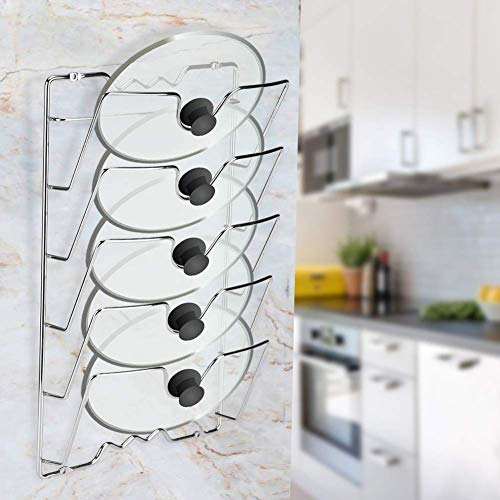 OldPAPA Pared Tapa de olla rack, Accesorios de olla de cocina-Metal cromado organizador- 5 apartados Tapa de olla estante Gabinete soportes