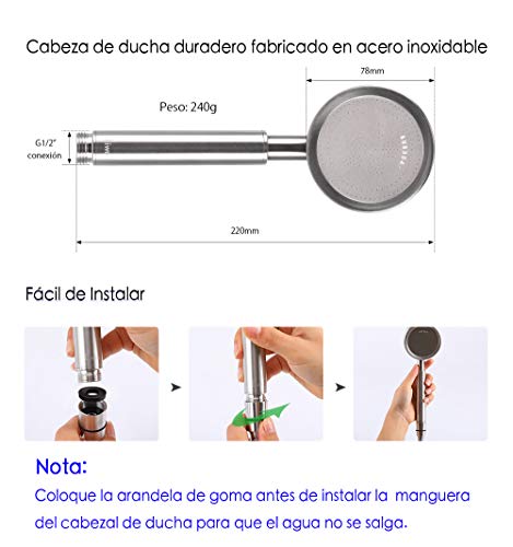 Olliwon Alcachofa de Ducha con Alta Presión Acero Inoxidable Cabezal de Ducha Ahorro de Agua Ducha de Mano, Fácil de Instalar G1 / 2 Conexión Ajuste Universal Ducha Alcachofa